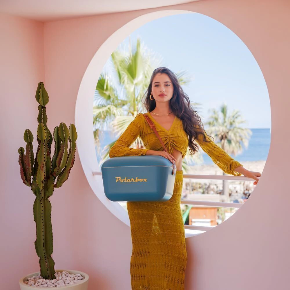 Cooler Retro 20l - Azul e Amarelo com Alça Marrom